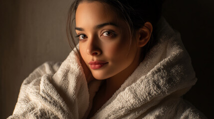 Woman in off-white bathrobe, close-up portrait, soft fabric texture, calm expression, conveying serenity and relaxation