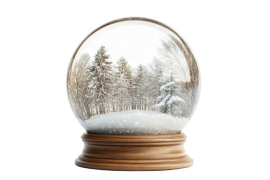 Enchanting snow globe Winter wonderland scene inside a glass sphere on wooden base isolated on transparent background