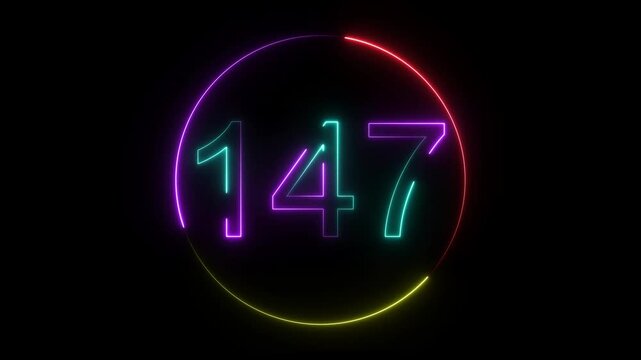 A dynamic circular animation, and glowing neon number 147 animation . on a black background. and creating a stunning video.4k video