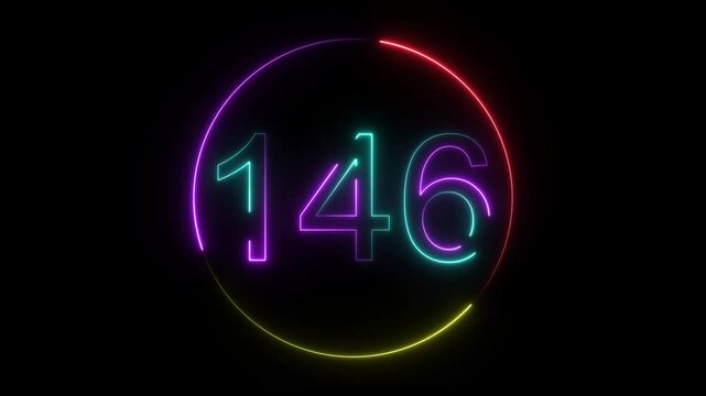 A dynamic circular animation, and glowing neon number 146 animation . on a black background. and creating a stunning video.4k video