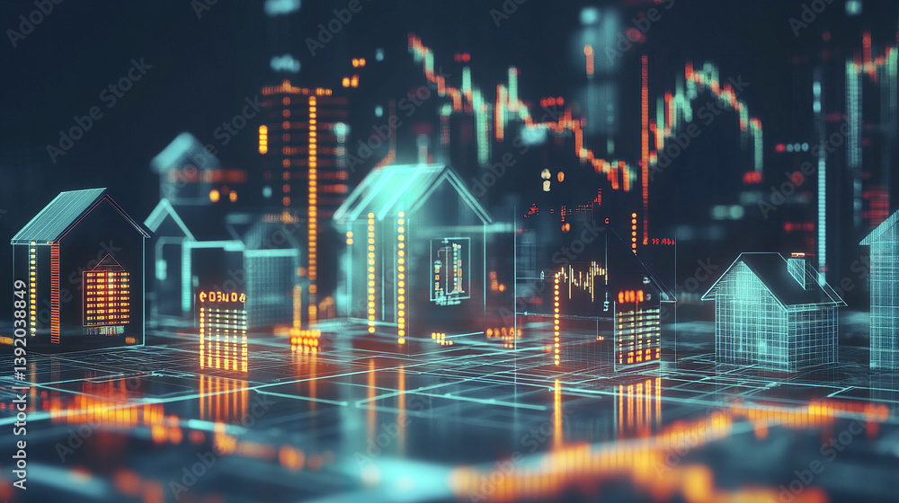 Poster abstract housing models float above glowing data charts