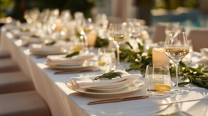 Fototapeta premium A long table set for a meal with plates glasses and greenery in an outdoor setting for a celebration