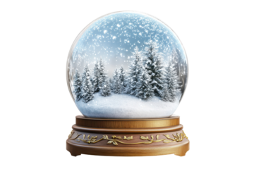 Enchanting snow globe winter wonderland scene inside glass sphere on wooden base falling snow effect isolated on transparent background