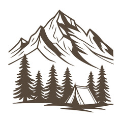 Obraz premium Winter Camping in the Forest with Christmas Trees and Snow. Vintage retro hand drawn night camp tent in the pine forest vector illustration