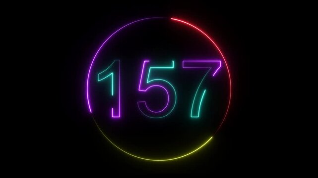 A dynamic circular animation, and glowing neon number 157 animation . on a black background. and creating a stunning video.4k video