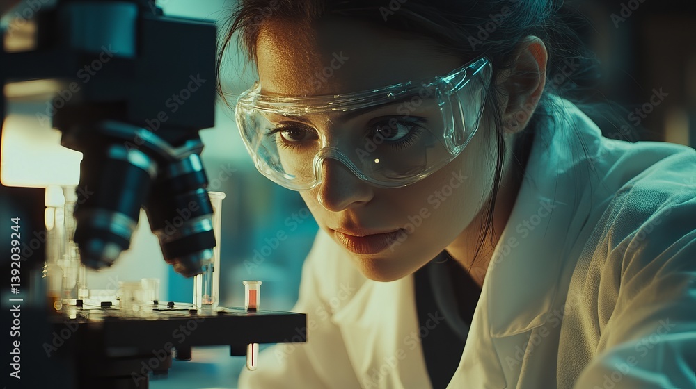 Poster a focused scientist examining samples under a microscope in a laboratory setting with safety glasses