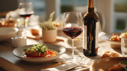 A beautifully set table with red wine a bottle and delicious food in a bright and elegant setting