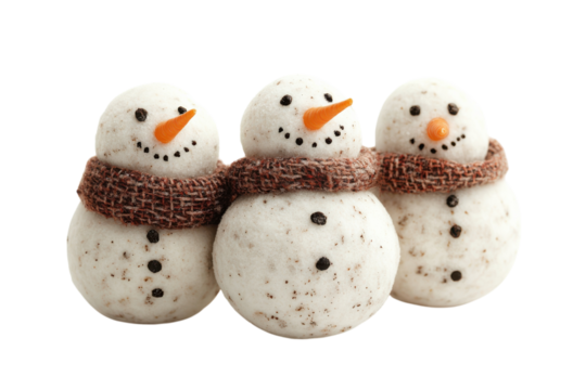 Three adorable snowmen snuggle wearing brown scarves against a bright white background Winter isolated on transparent background