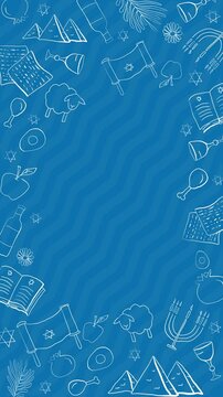 Passover seamless pattern on blue background. Animated Jewish holiday Passover symbols. Loop motion graphic. Festive frame with copy space. Vertical video.
