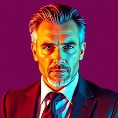 A professional high-resolution stock photo showcasing a pixelated man in a suit, vibrant 80s color scheme