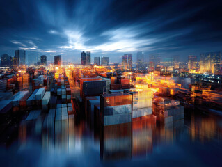 Fototapeta premium Dynamic skyline view of illuminated shipping containers at dusk, showcasing vibrant city lights and bustling urban atmosphere