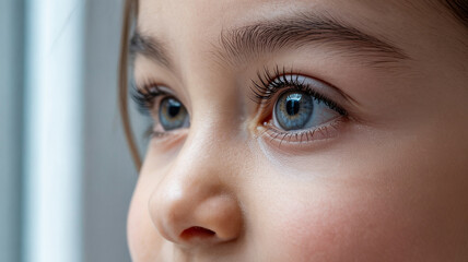 Close-up of a child's face showcasing bright blue eyes and delicate features while gazing out a window in natural light