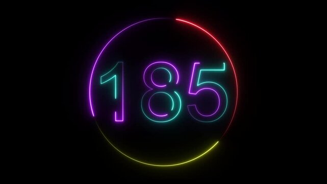 A dynamic circular animation, and glowing neon number 185 animation . on a black background. and creating a stunning video.4k video