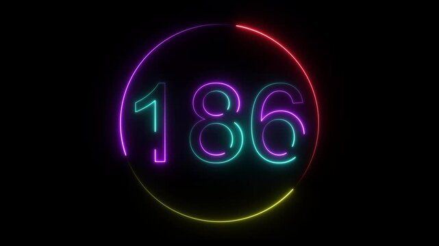 A dynamic circular animation, and glowing neon number 186 animation . on a black background. and creating a stunning video.4k video