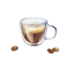 Espresso coffee in a transparent cup with roasted coffee beans. Hand drawn watercolor illustration isolated on white. For greeting cards, labels, menu design, invitations, covers, banners, posters.