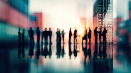 Silhouettes of professionals in container yard, showcasing teamwork and collaboration in vibrant urban setting. scene captures dynamic atmosphere
