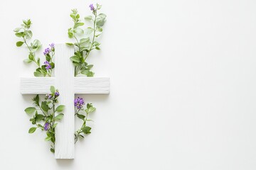 White Wooden Cross with Greenery and Purple Flowers on White Background