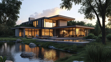 Obraz premium Modern house by calm river with large windows and serene surroundings