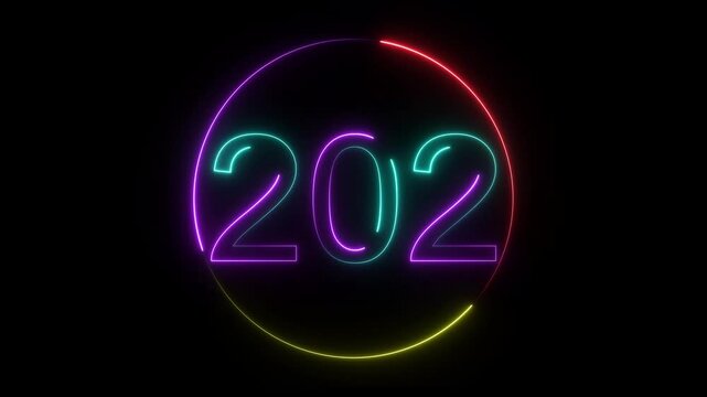 A dynamic circular animation, and glowing neon number 202 animation . on a black background. and creating a stunning video.4k video