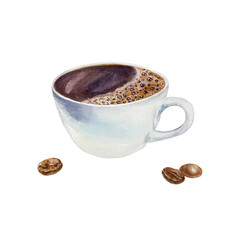 Cup of black coffee with foam, roasted beans. Hand drawn watercolor illustration isolated on white. For greeting cards, invitations, labels, menus, covers, posters.
