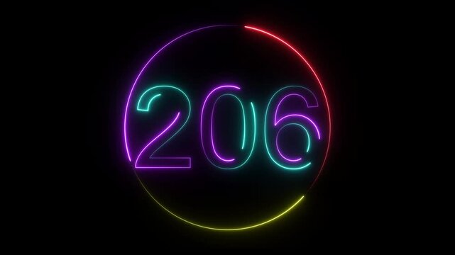 A dynamic circular animation, and glowing neon number 206 animation . on a black background. and creating a stunning video.4k video