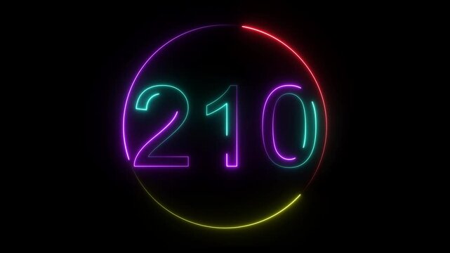A dynamic circular animation, and glowing neon number 210 animation . on a black background. and creating a stunning video.4k video