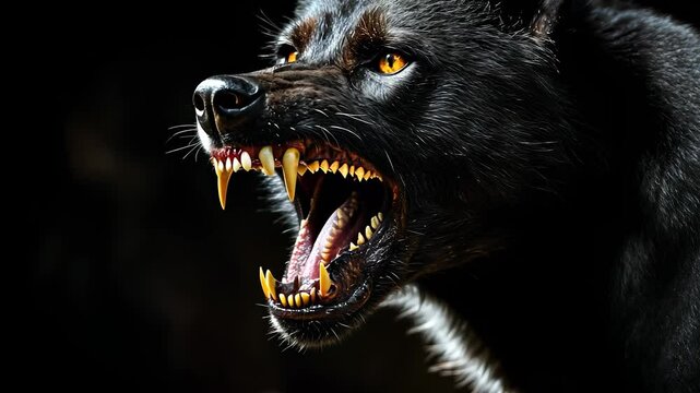 Black wolf with its teeth open. Portrait of black and white wolf dog with black face. Closeup of a young girl with a smile and a unique expression of teeth. A black wolf displaying its lifestyle.