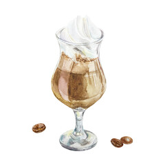 Hot chocolate with whipped cream in a stemmed glass, roasted coffee beans. Hand drawn watercolor illustration isolated on white. For cards, labels, menu design, invitations, covers, banners, posters.