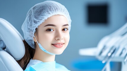 Fototapeta premium Smiling Woman in Dentist Chair Dental Hygiene Oral Care