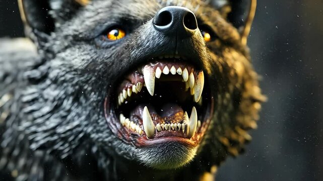Black wolf with its teeth open. Portrait of black and white wolf dog with black face. Closeup of a young girl with a smile and a unique expression of teeth. A black wolf lifestyle displaying its.