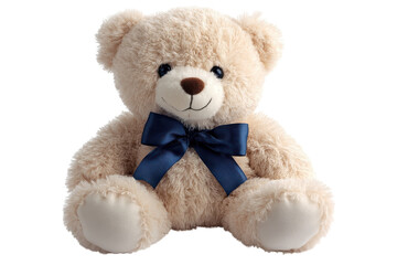Obraz premium Adorable beige teddy bear with a navy blue bow sitting against a pure white background perfect gift isolated on transparent background