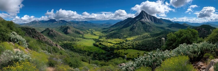 an Arizona desert with cacti and mountains, a blue sky, and green plants in the foreground.
