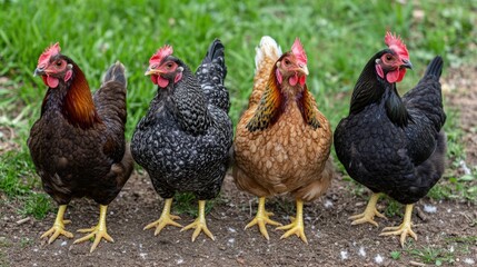 Fototapeta premium Chicken Squad Formation: A regimented lineup of vibrant chickens posing elegantly in their rustic environment, capturing the essence of poultry life.