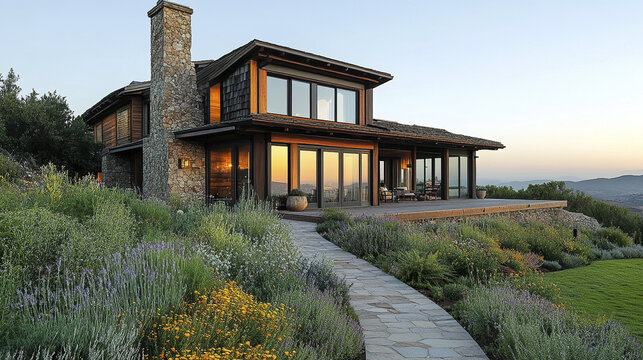 beautiful Arts and Crafts style house with stone chimney and lush garden