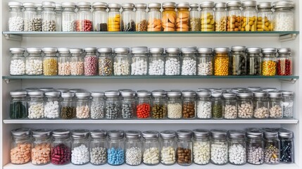 Many jars of various pills and capsules on shelves