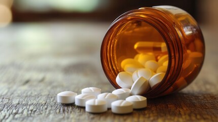 Medicine pills spilling from an amber bottle
