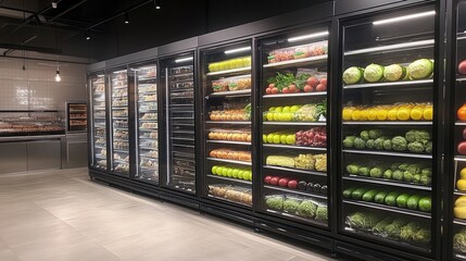 Modern grocery store with refrigerated display cases filled with fresh produce and baked goods