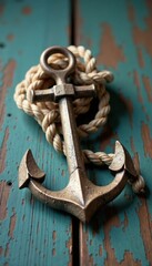 Classic nautical rope and anchor on a distressed wooden table, anchor, vintagerope, vintage home decor