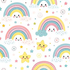Pastel Rainbows Stars Clouds Seamless Pattern Happy Cute Childish Design Illustration fun art baby  