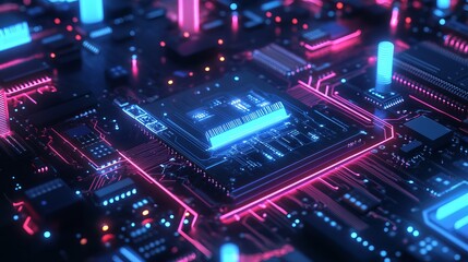 Obraz premium Close up of a glowing computer circuit board with pink and blue neon lights on a dark background