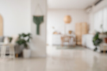 Interior of stylish studio apartment with living room and kitchen, blurred view