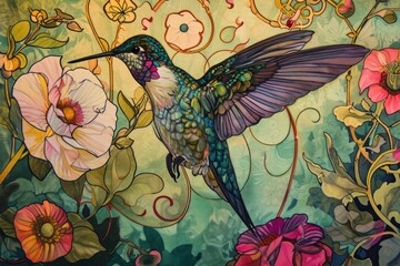 Hummingbird and flowers hummingbird art animal.