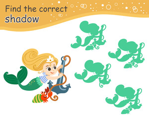 Matching activity find the correct shadow with cute mermaid. Fairytale marine quiz with cute mermaid. Find correct silhouette printable worksheet, game for kids. Vector isolated illustration