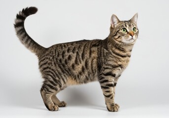 Tabby cat standing pose alert
