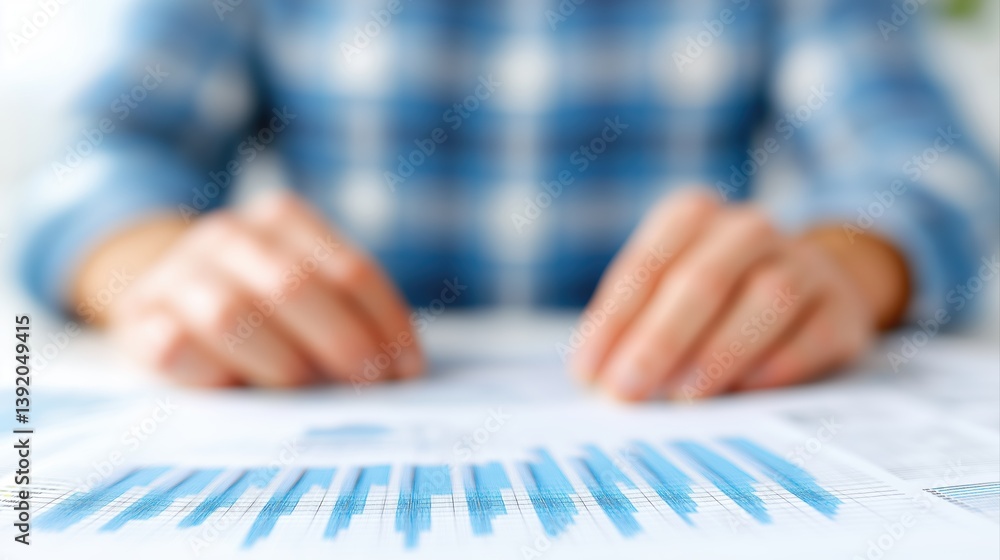 Poster businessperson analyzing reports and financial charts with focused intent on data and analytics proc