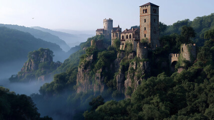 Naklejka premium A medieval castle perched on a cliff, shrouded in morning fog