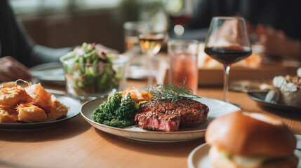 A table setting with steak, salad, burger, and drinks in a restaurant with blurred background