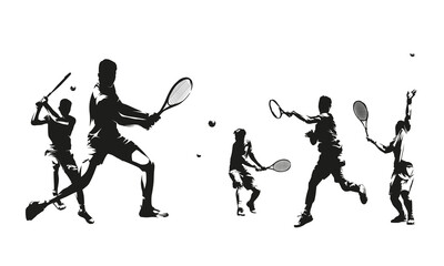 Tennis, group of male tennis players, isolated vector silhouettes, summer sports