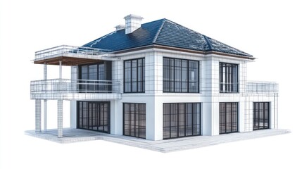Modern Two-Story House Design, Architectural Rendering, Exterior View, For Presentation