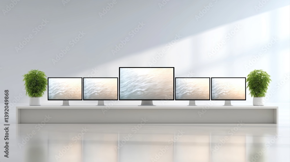 Aufkleber modern workspace with multiple monitors on a white display shelf against bright background